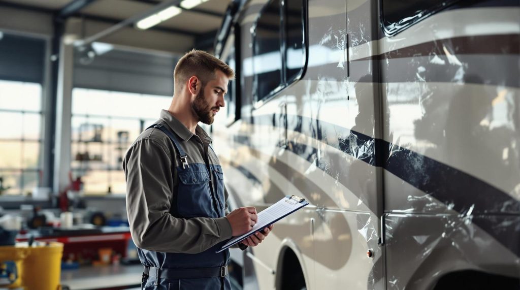 Restoring Your RV After An Accident: Expert Repair Insights Male technician in blue overalls writing on a clipboard beside a large bus inside a repair shop